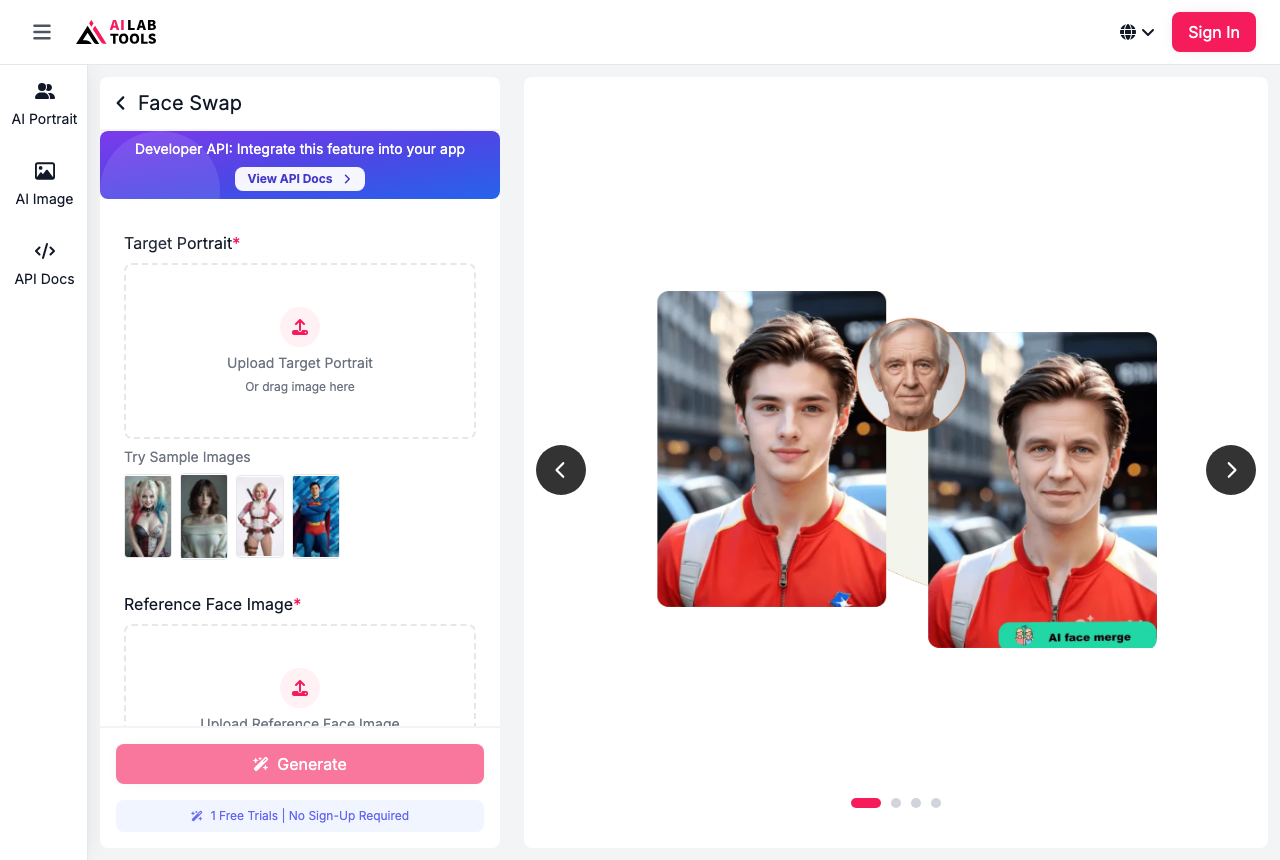 AILab Tools AI Face Swap — upload target portrait and reference face, no sign-up to try, with a developer API