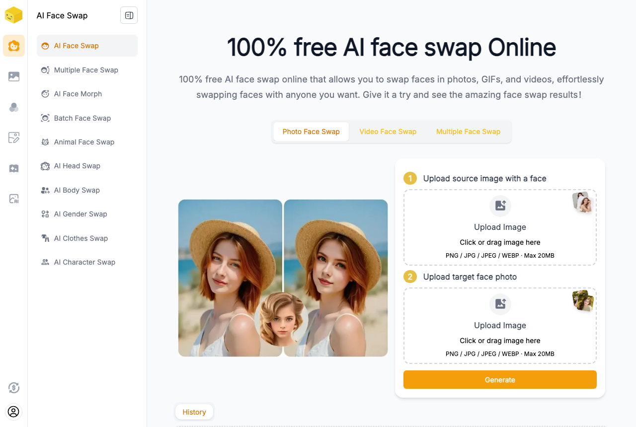 Live3D AI face swap tool — photo, video, GIF, multiple-face, head/body/gender swap modes in one sidebar