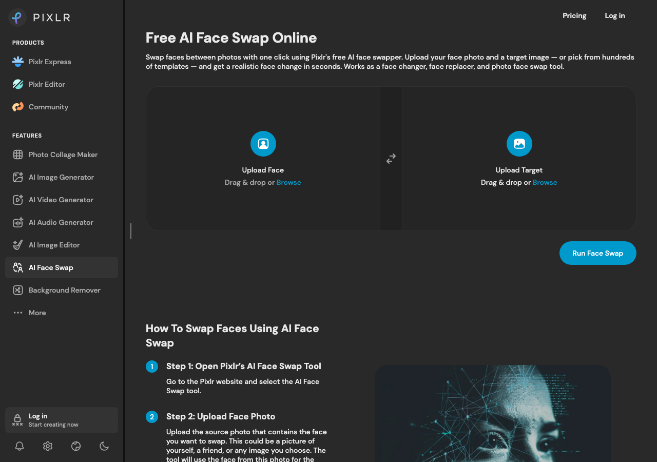 Pixlr AI Face Swap tool — Upload Face and Upload Target, then Run Face Swap, inside the Pixlr editor